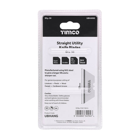 This is an image of Timco - Utility Knife Blades 60 x 19 x 0.6 (50 Pieces Blister Pack) UBHANG