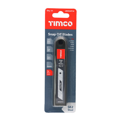 This is an image of Timco - Snap Off Utility Knife Blades 100 x 18 x 0.6 (10 Pieces Backing Card) UBSNAP18