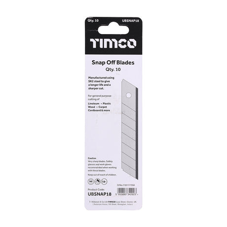 This is an image of Timco - Snap Off Utility Knife Blades 100 x 18 x 0.6 (10 Pieces Backing Card) UBSNAP18