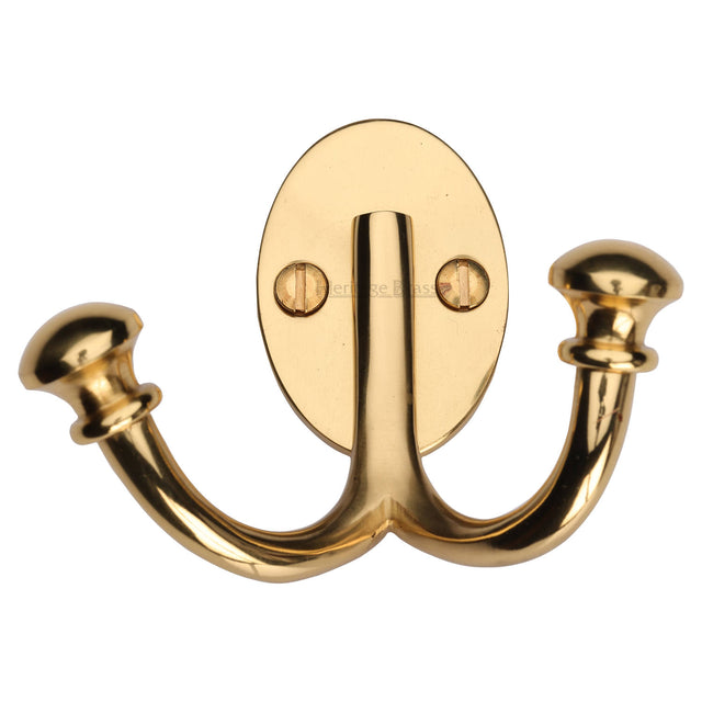 High quality image of the Heritage Brass Ball Double Robe Hook Polished Brass Finish | Sku. v1063-pb | Discounted prices available from Trade Door Handles
