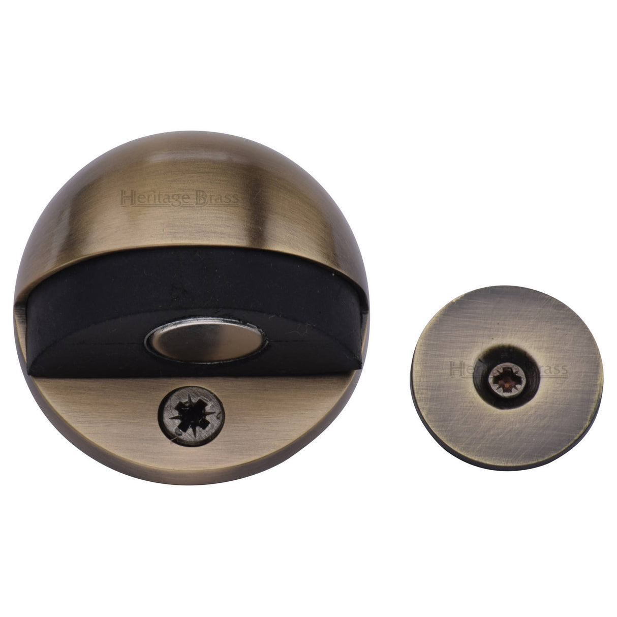High quality image of the Heritage Brass Round Shielded Floor Mounted Magnetic Door Stop Antique Brass Finish
 | Sku. v1080-mag-at | Discounted prices available from Trade Door Handles