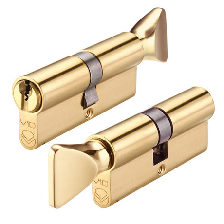 High quality image of the Vier - V10 Euro Cylinder and Turn 70mm KTD - Polished Brass | Sku. v10ep70ctpbe | available to order from Trade Door Handles.