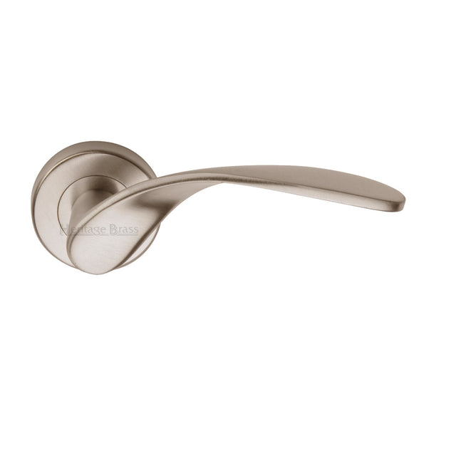 High quality image of the Heritage Brass Door Handle Lever Latch on Round Rose Volo Design Satin Nickel Finish | Sku. v1950-sn | Discounted prices available from Trade Door Handles