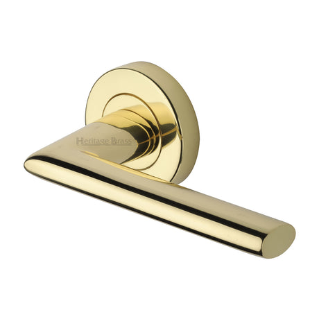 High quality image of Heritage Brass - Door Handle Lever Latch on Round Rose Admiralty Design Polished Bra | Sku. v2355-pb | Trade Door Handles, Kendal.