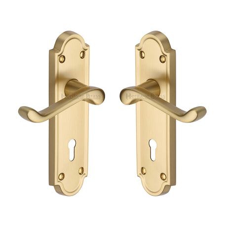 High quality image of the Heritage Brass Door Handle Lever Lock Meridian Design Satin Brass Finish | Sku. v300-sb | Discounted prices available from Trade Door Handles