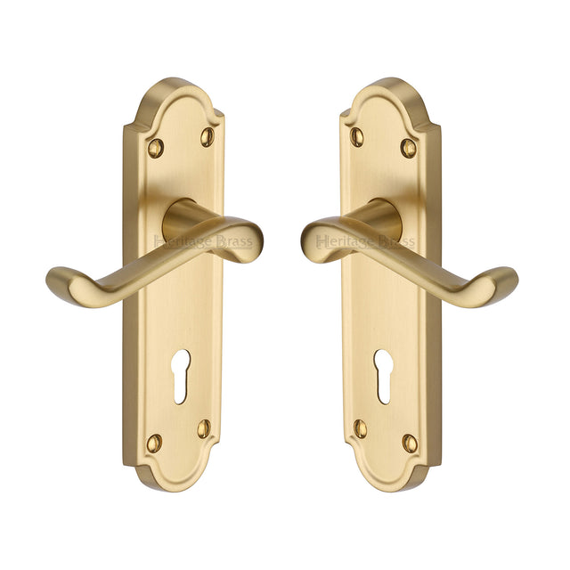High quality image of the Heritage Brass Door Handle Lever Lock Meridian Design Satin Brass Finish | Sku. v300-sb | Discounted prices available from Trade Door Handles