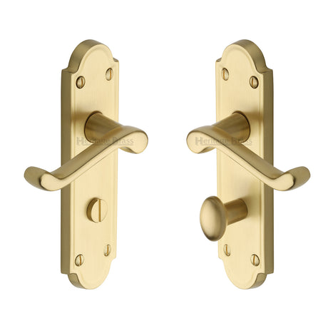 High quality image of the Heritage Brass Door Handle Bathroom Set Meridian Design Satin Brass Finish | Sku. v330-sb | Discounted prices available from Trade Door Handles