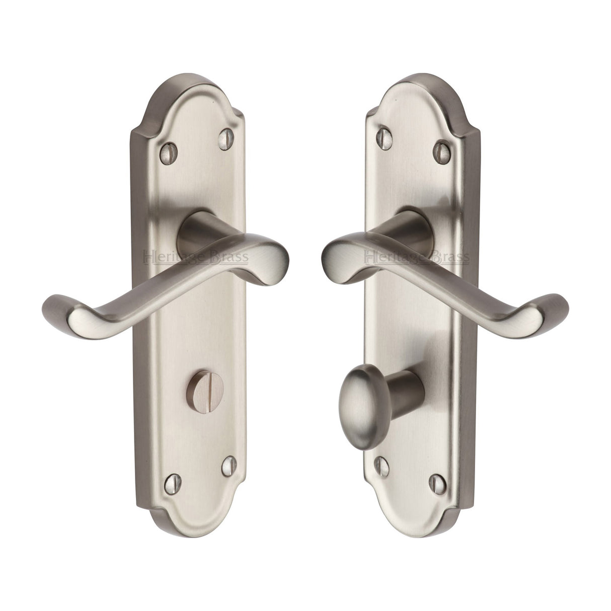 High quality image of the Heritage Brass Door Handle for Bathroom Meridian Design Satin Nickel Finish | Sku. v330-sn | Discounted prices available from Trade Door Handles