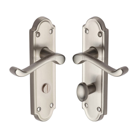High quality image of the Heritage Brass Door Handle for Bathroom Meridian Design Satin Nickel Finish | Sku. v330-sn | Discounted prices available from Trade Door Handles