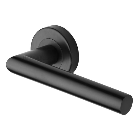 High quality image of the Heritage Brass Door Handle Lever Latch on Round Rose Athena Design Matt Black Finish | Sku. v3840-bkmt | Discounted prices available from Trade Door Handles