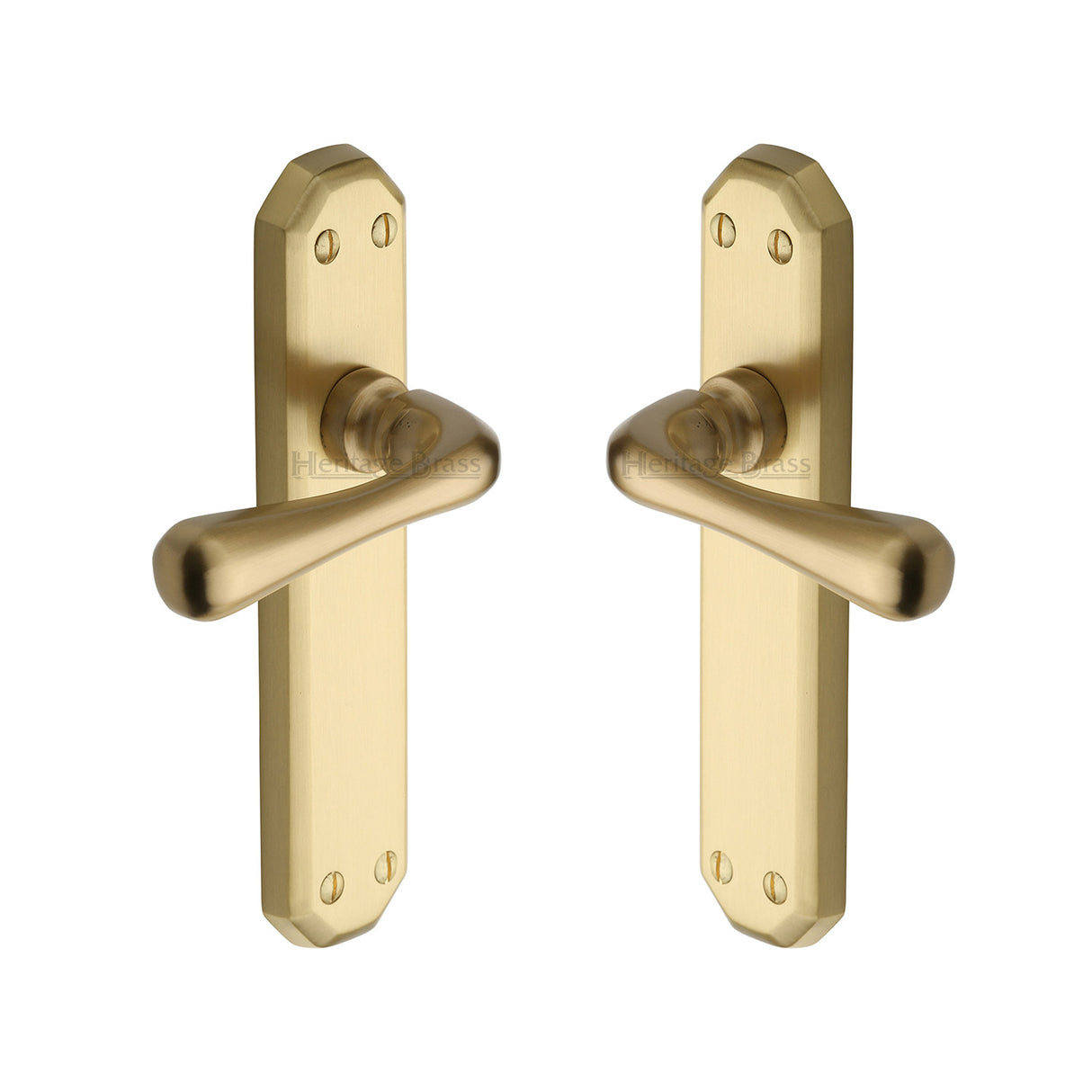 High quality image of the Heritage Brass Door Handle Lever Latch Charlbury Design Satin Brass Finish | Sku. v7060-sb | Discounted prices available from Trade Door Handles