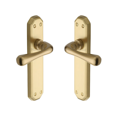 High quality image of the Heritage Brass Door Handle Lever Latch Charlbury Design Satin Brass Finish | Sku. v7060-sb | Discounted prices available from Trade Door Handles
