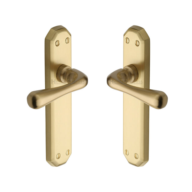 High quality image of the Heritage Brass Door Handle Lever Latch Charlbury Design Satin Brass Finish | Sku. v7060-sb | Discounted prices available from Trade Door Handles