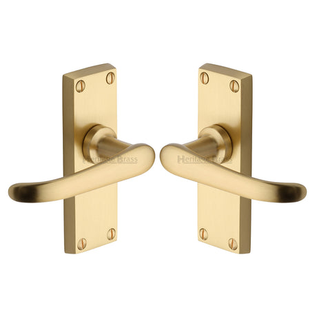 High quality image of the Heritage Brass Door Handle Lever Latch Windsor Short Design Satin Brass Finish | Sku. v710-sb | Discounted prices available from Trade Door Handles