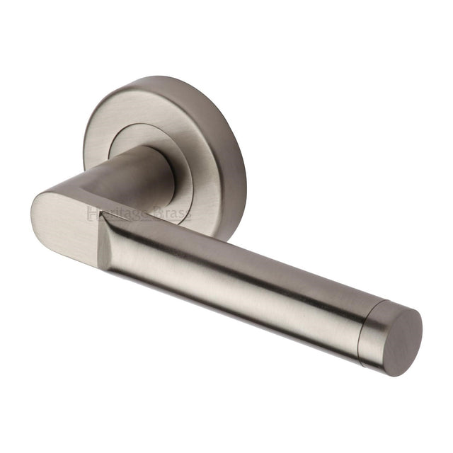 High quality image of the Heritage Brass Door Handle Lever Latch on Round Rose Celia Design Satin Nickel Finish
 | Sku. v7450-sn | Discounted prices available from Trade Door Handles