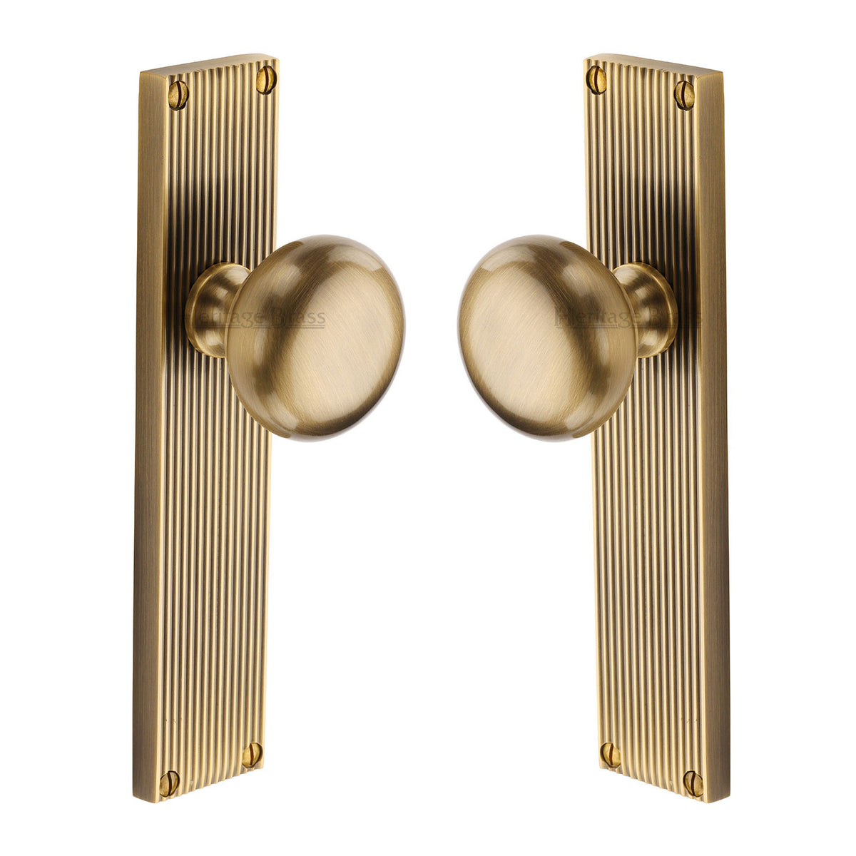 High quality image of the Heritage Brass Mortice Knob on Reeded Latch Plate Victoria Design Antique Brass Finish
 | Sku. v9210-at | Discounted prices available from Trade Door Handles