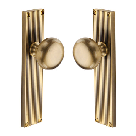 High quality image of the Heritage Brass Mortice Knob on Reeded Latch Plate Victoria Design Antique Brass Finish
 | Sku. v9210-at | Discounted prices available from Trade Door Handles