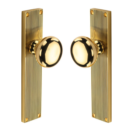 High quality image of the Heritage Brass Mortice Knob on Reeded Latch Plate Victoria Design Polished Brass Finish
 | Sku. v9210-pb | Discounted prices available from Trade Door Handles
