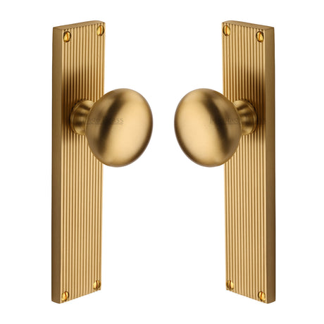 High quality image of the Heritage Brass Mortice Knob on Reeded Latch Plate Victoria Design Satin Brass Finish
 | Sku. v9210-sb | Discounted prices available from Trade Door Handles