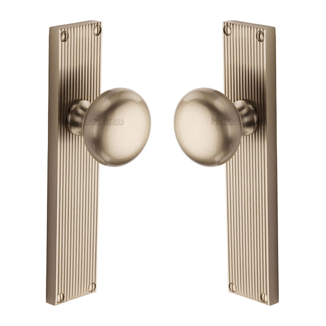 High quality image of the Heritage Brass Mortice Knob on Reeded Latch Plate Victoria Design Satin Nickel Finish
 | Sku. v9210-sn | Discounted prices available from Trade Door Handles