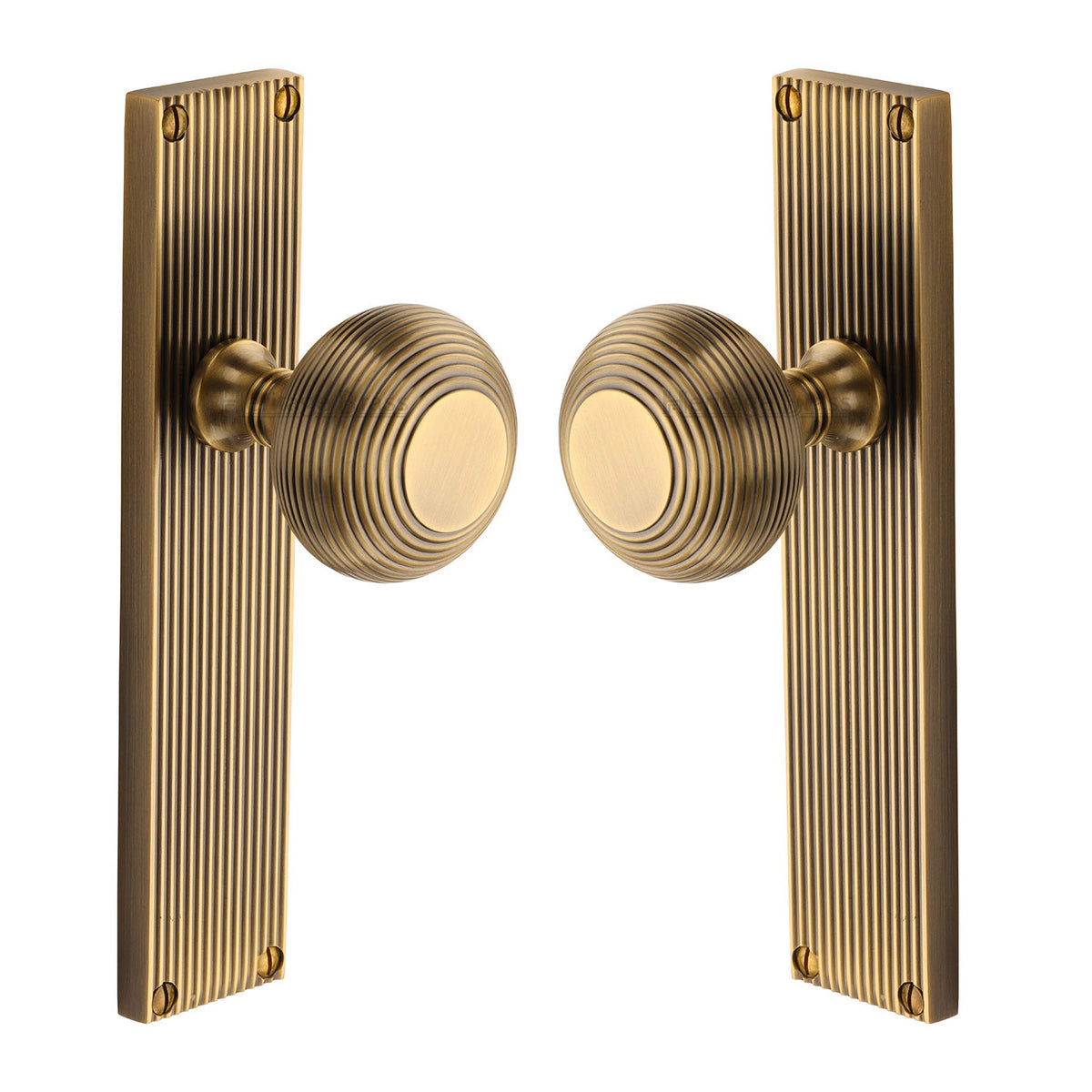 High quality image of the Heritage Brass Mortice Knob on Reeded Latch Plate Beehive Design Antique Brass Finish
 | Sku. v9510-at | Discounted prices available from Trade Door Handles