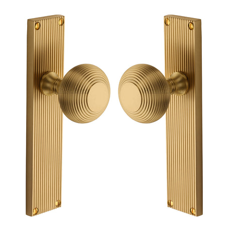 High quality image of the Heritage Brass Mortice Knob on Reeded Latch Plate Beehive Design Satin Brass Finish
 | Sku. v9510-sb | Discounted prices available from Trade Door Handles