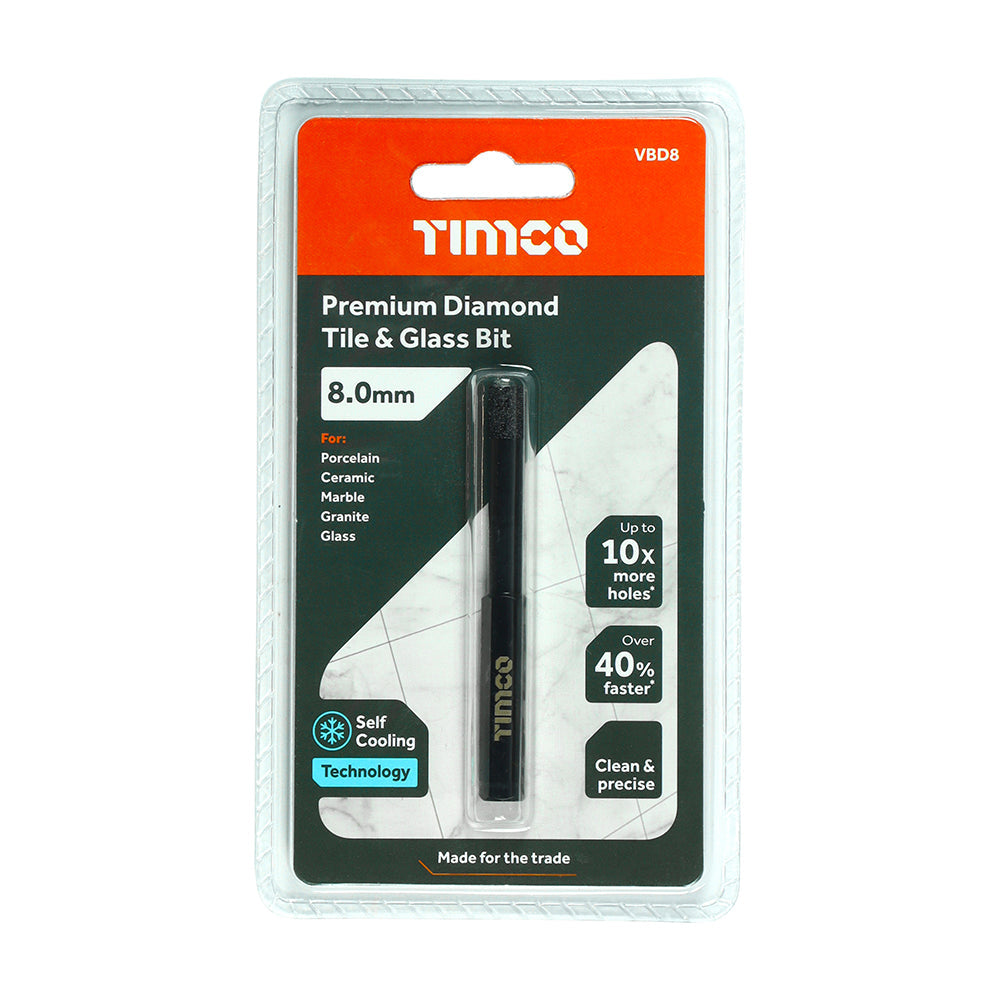 This is an image of Timco - Premium Diamond Tile & Glass Bit 8.0mm (1 Each Blister Pack) VBD8