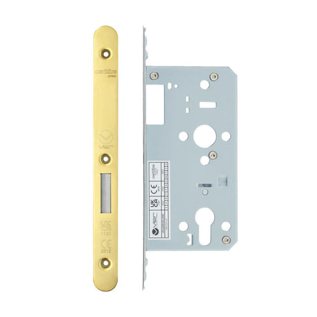 High quality image of the Vier - Din Euro Deadlock- Backset 55mm - 2 Pc Forend - Radius - PVDG - Polished Brass Effect | Sku. vdl0055-r-pvdg | available to order from Trade Door Handles.