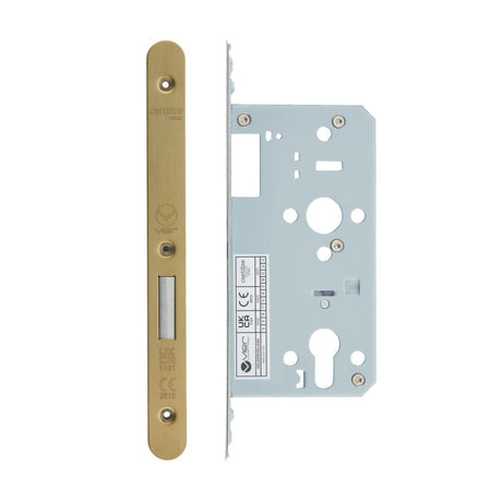 High quality image of the Vier - Din Euro Deadlock- Backset 55mm - 2 Pc Forend - Radius - PVDSB- Satin Brass Effect | Sku. vdl0055-r-pvdsb | available to order from Trade Door Handles.