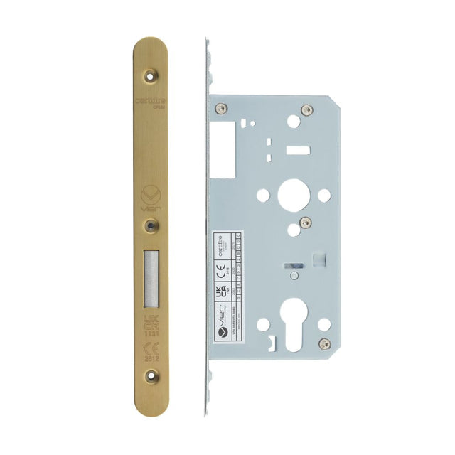 High quality image of the Vier - Din Euro Deadlock- Backset 55mm - 2 Pc Forend - Radius - PVDSB- Satin Brass Effect | Sku. vdl0055-r-pvdsb | available to order from Trade Door Handles.
