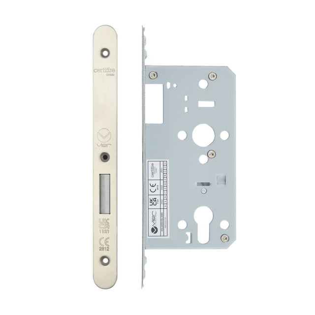 High quality image of the Vier - Din Euro Deadlock- Backset 55mm - 2 Pc Forend - Radius - Stain Stainless Steel | Sku. vdl0055-r-sss | available to order from Trade Door Handles.