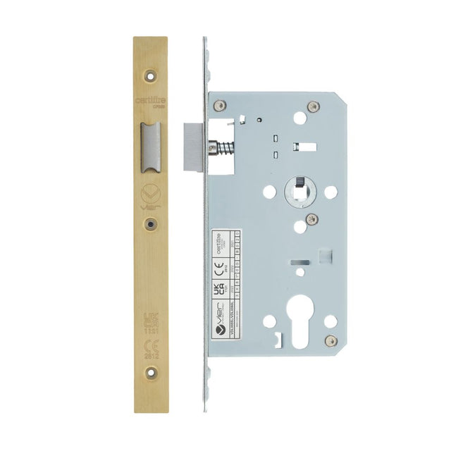 High quality image of the Vier - Din Latch - Backset 60mm - 2 Pc Forend - Square - PVD Satin Brass | Sku. vdl0060-l-pvdsb | available to order from Trade Door Handles.