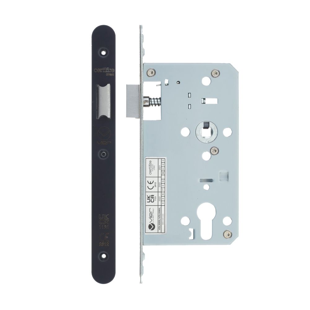 High quality image of the Vier - Din Latch - Backset 60mm - 2 Pc Forend - Radius - PCB - Powder Coated Black | Sku. vdl0060-l-r-pcb | available to order from Trade Door Handles.