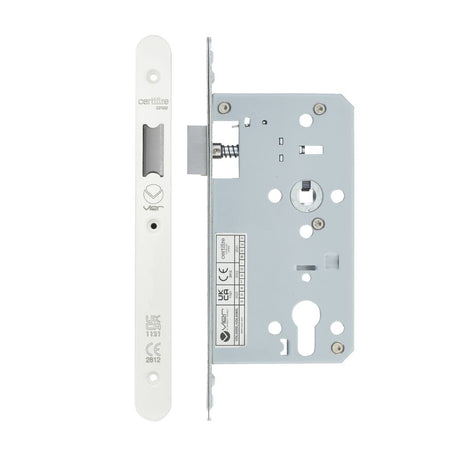 High quality image of the Vier - Din Latch - Backset 60mm - 2 Pc Forend - Radius - PCW - Powder Coated White | Sku. vdl0060-l-r-pcw | available to order from Trade Door Handles.
