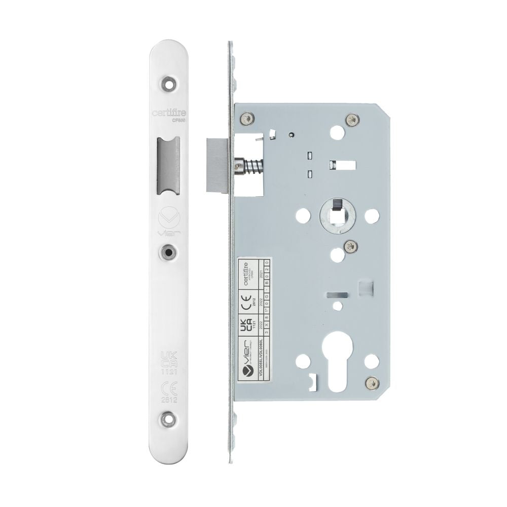 High quality image of the Vier - Din Latch - Backset 60mm - 2 Pc Forend - Radius - Polished Stainless Steel | Sku. vdl0060-l-r-pss | available to order from Trade Door Handles.