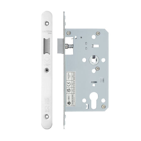 High quality image of the Vier - Din Latch - Backset 60mm - 2 Pc Forend - Radius - Polished Stainless Steel | Sku. vdl0060-l-r-pss | available to order from Trade Door Handles.