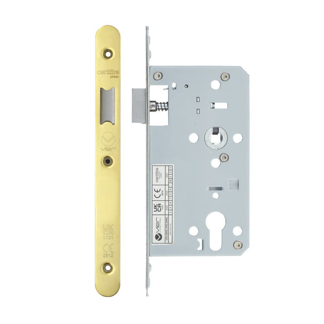 High quality image of the Vier - Din Latch - Backset 60mm - 2 Pc Forend - Radius - PVDG - Polished Brass Effect | Sku. vdl0060-l-r-pvdg | available to order from Trade Door Handles.