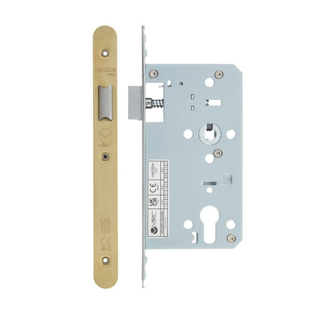 High quality image of the Vier - Din Latch - Backset 60mm - 2 Pc Forend - Radius - PVD Satin Brass | Sku. vdl0060-l-r-pvdsb | available to order from Trade Door Handles.