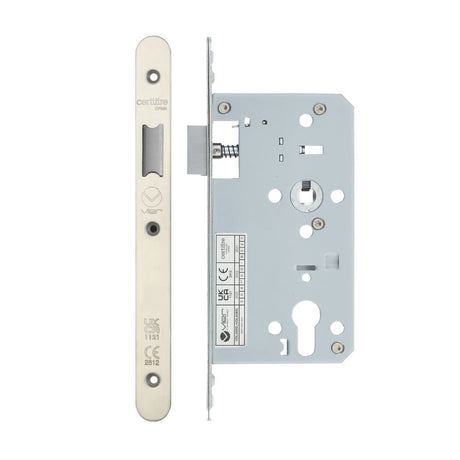 High quality image of the Vier - Din Latch - Backset 60mm - 2 Pc Forend - Radius - Stain Stainless Steel | Sku. vdl0060-l-r-sss | available to order from Trade Door Handles.