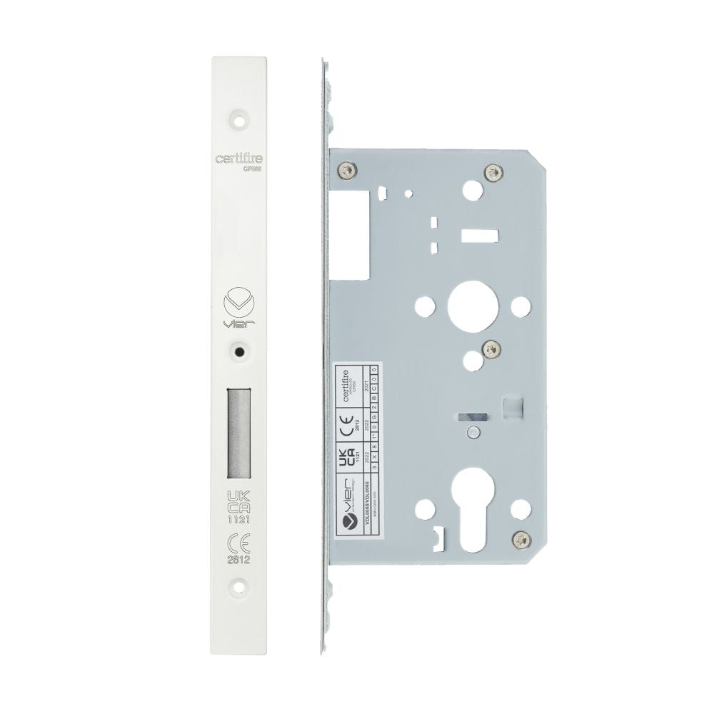 High quality image of the Vier - Din Euro Deadlock- Backset 60mm - 2 Pc Forend - Square - PCW - Powder Coated White | Sku. vdl0060-pcw | available to order from Trade Door Handles.