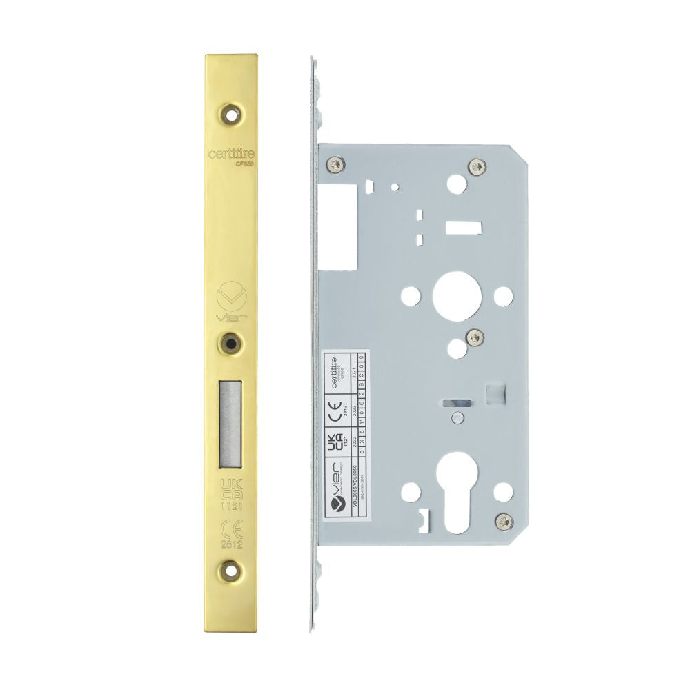 High quality image of the Vier - Din Euro Deadlock- Backset 60mm - 2 Pc Forend - Square - PVDG- Polished Brass Effect | Sku. vdl0060-pvdg | available to order from Trade Door Handles.
