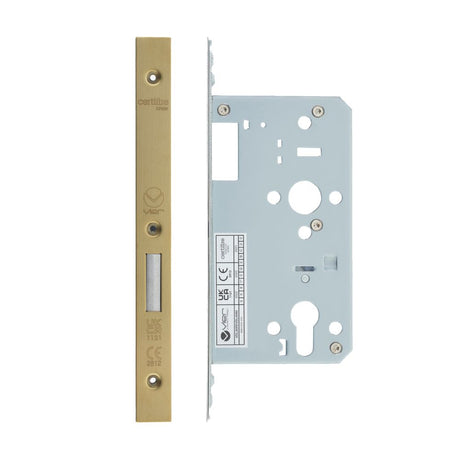 High quality image of the Vier - Din Euro Deadlock- Backset 60mm - 2 Pc Forend - Square - PVD Satin Brass | Sku. vdl0060-pvdsb | available to order from Trade Door Handles.