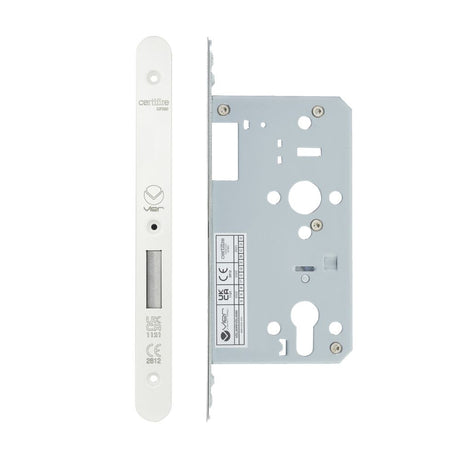 High quality image of the Vier - Din Euro Deadlock- Backset 60mm - 2 Pc Forend - Radius - PCW - Powder Coated White | Sku. vdl0060-r-pcw | available to order from Trade Door Handles.