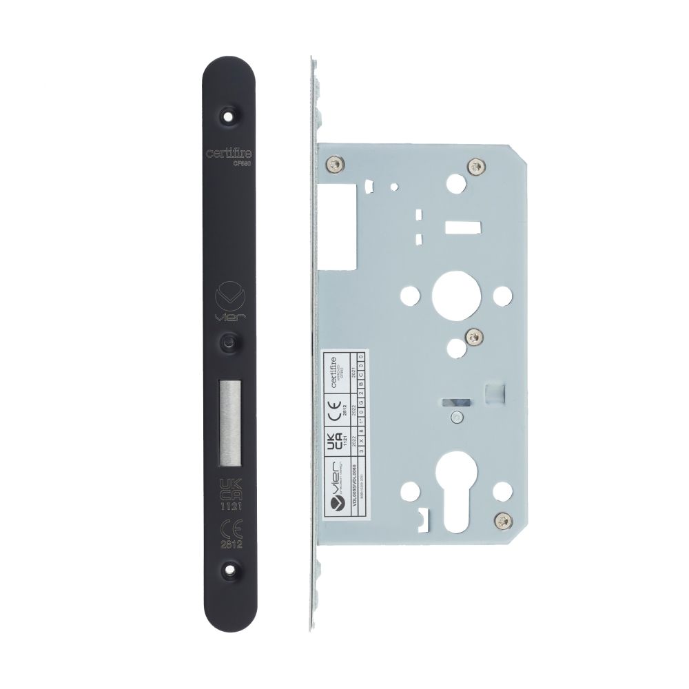 High quality image of the Vier - Din Euro Deadlock- Backset 60mm - 2 Pc Forend - Radius - PVDBLK - PVD Black | Sku. vdl0060-r-pvdblk | available to order from Trade Door Handles.