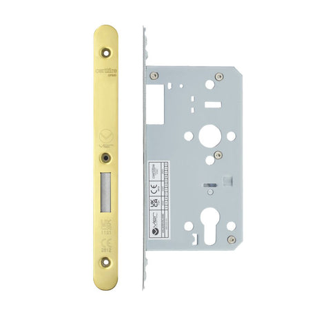 High quality image of the Vier - Din Euro Deadlock- Backset 60mm - 2 Pc Forend - Radius - PVDG - Polished Brass Effect | Sku. vdl0060-r-pvdg | available to order from Trade Door Handles.
