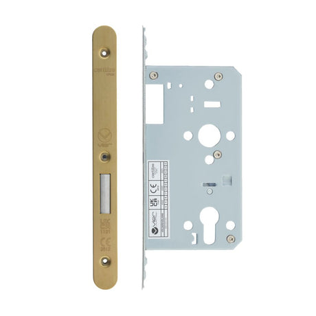 High quality image of the Vier - Din Euro Deadlock- Backset 60mm - 2 Pc Forend - Radius - PVDSB- Satin Brass Effect | Sku. vdl0060-r-pvdsb | available to order from Trade Door Handles.