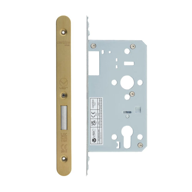 High quality image of the Vier - Din Euro Deadlock- Backset 60mm - 2 Pc Forend - Radius - PVDSB- Satin Brass Effect | Sku. vdl0060-r-pvdsb | available to order from Trade Door Handles.
