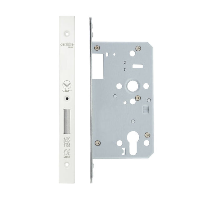 High quality image of the Vier - Din Euro Deadlock- Backset 60mm - 2 Pc Forend - Square - PCW - Single Throw | Sku. vdl0060-st-pcw | available to order from Trade Door Handles.