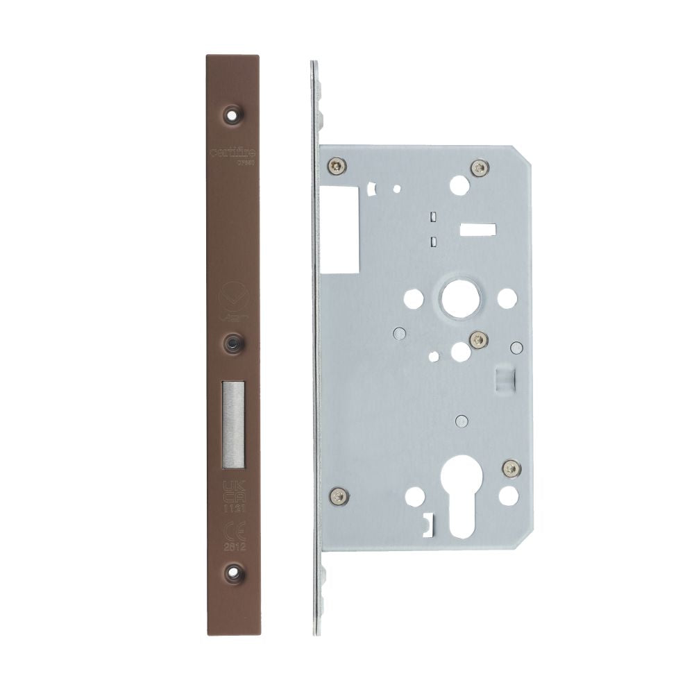 High quality image of the Vier - Din Euro Deadlock- Backset 60mm - 2 Pc Forend Square - Single Throw - PVD Satin Bronze | Sku. vdl0060-st-pvdbz | available to order from Trade Door Handles.