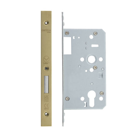 High quality image of the Vier - Din Euro Deadlock- Backset 60mm - 2 Pc Forend - Square - Single Throw - PVD Satin Brass | Sku. vdl0060-st-pvdsb | available to order from Trade Door Handles.